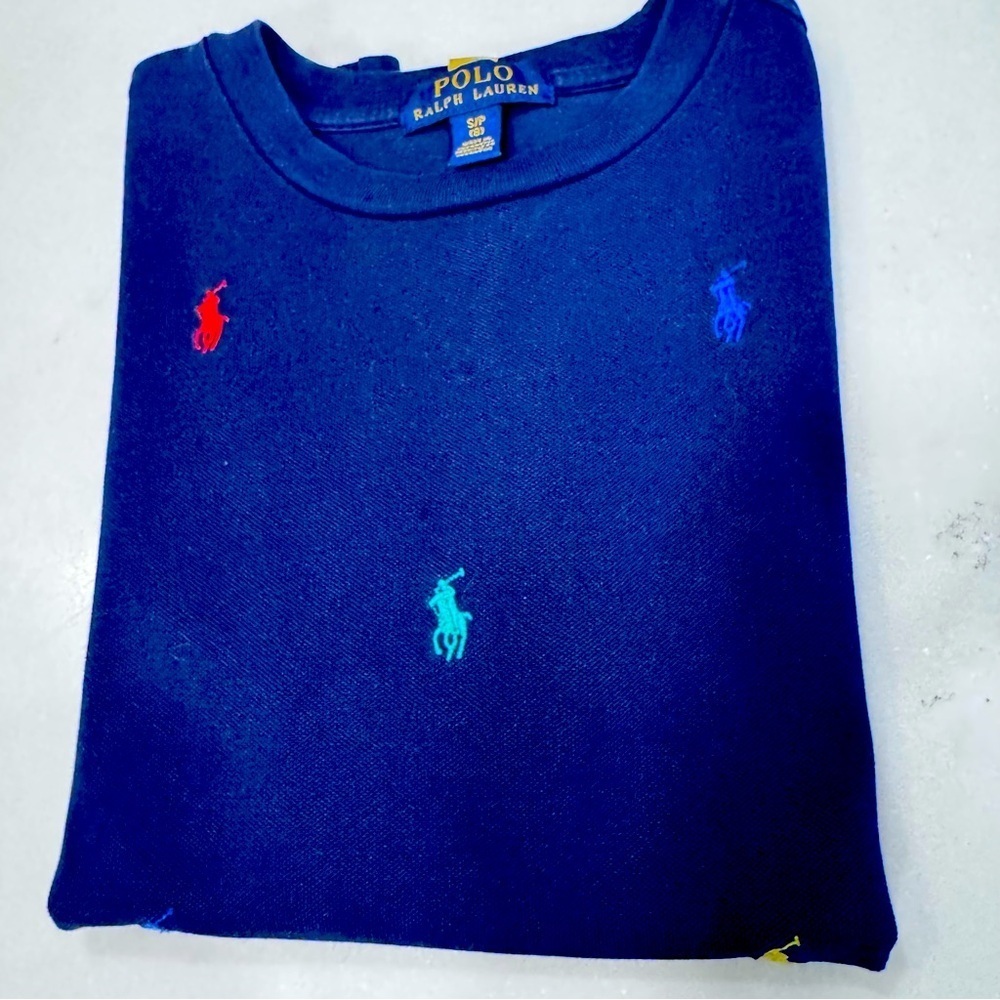 Polo Ralph Lauren Boys Navy Blue All Over Pony Mesh Tee Shirt  Sz M (8-10)